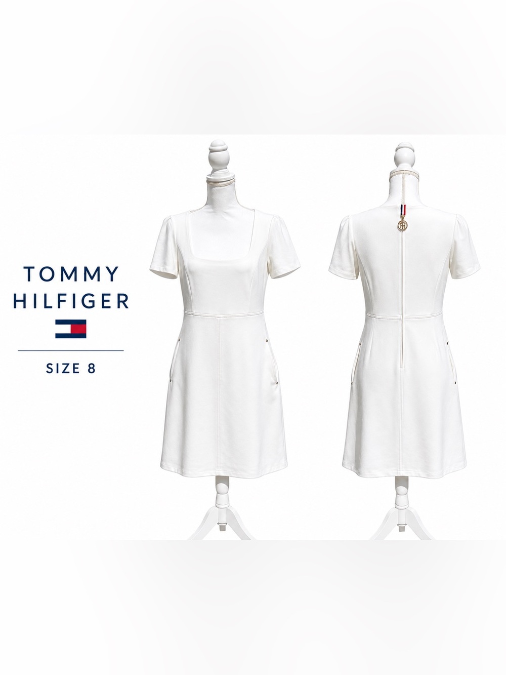 Tommy Hilfiger |White Square Neck Dress |Size 8 |Side Pocket Detail